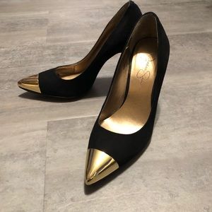 Jessica Simpson black suede gold tipped heels